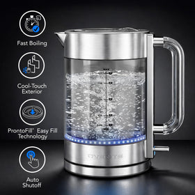 OVENTE kettle blue LED boil indicator lights during use.