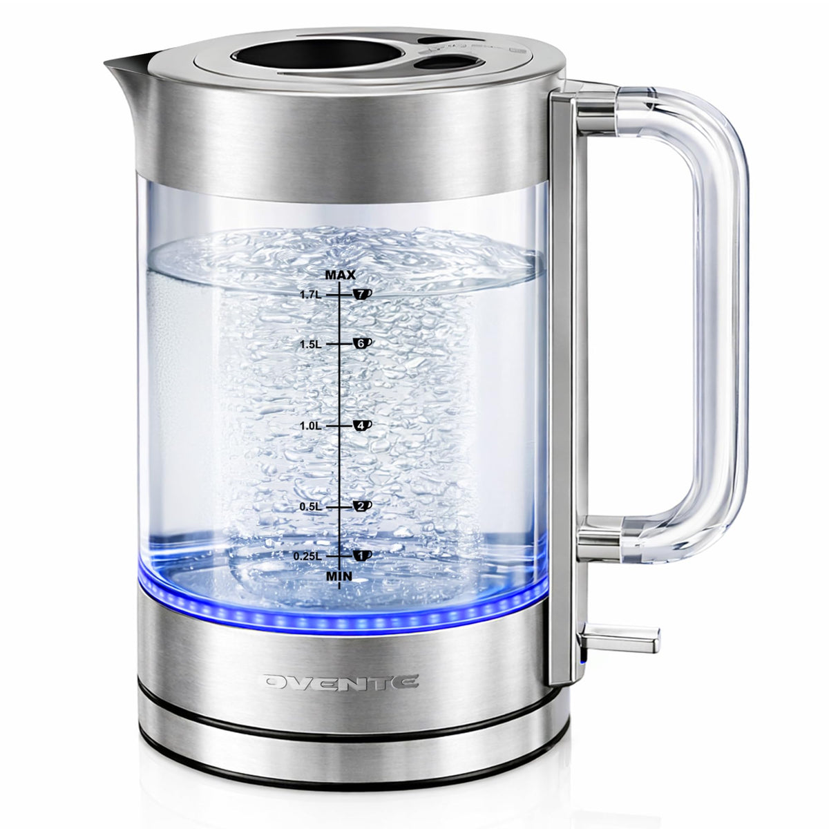 OVENTE kettle glass body on counter for a sleek modern kitchen.