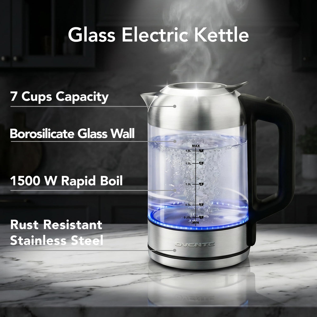 OVENTE KG751S blue-light illuminated boil in glass body.