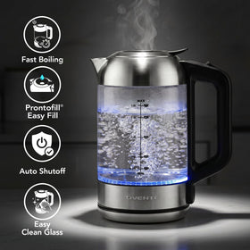 OVENTE KG751S glass kettle front view with blue LED boil indicator.