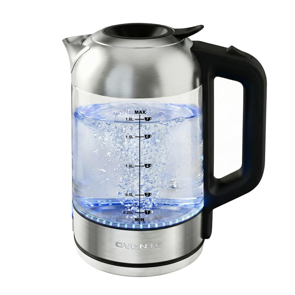 OVENTE KG751S glass kettle side view shows fast, safe boiling.