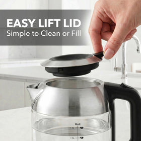 OVENTE KG751S clear glass body shows water level and boiling.