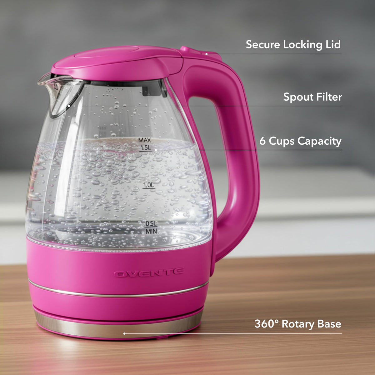 Auto shut-off and boil-dry protection for safe operation.