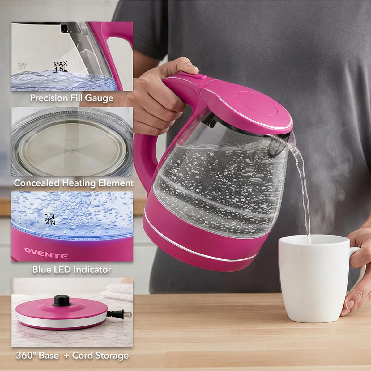 Blue LED halo lights the pink kettle during use, enhancing kitchen ambiance.