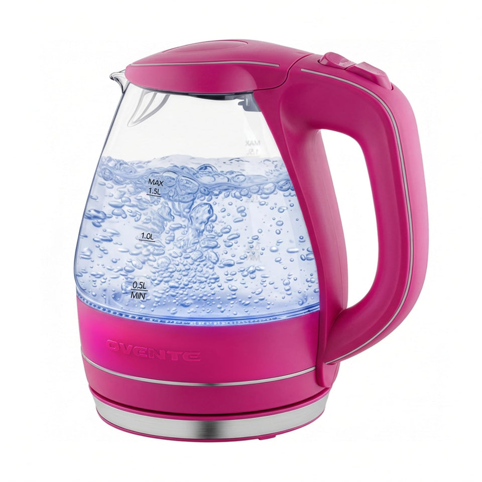OVENTE KG83F pink kettle on base ready to boil water for tea or coffee.