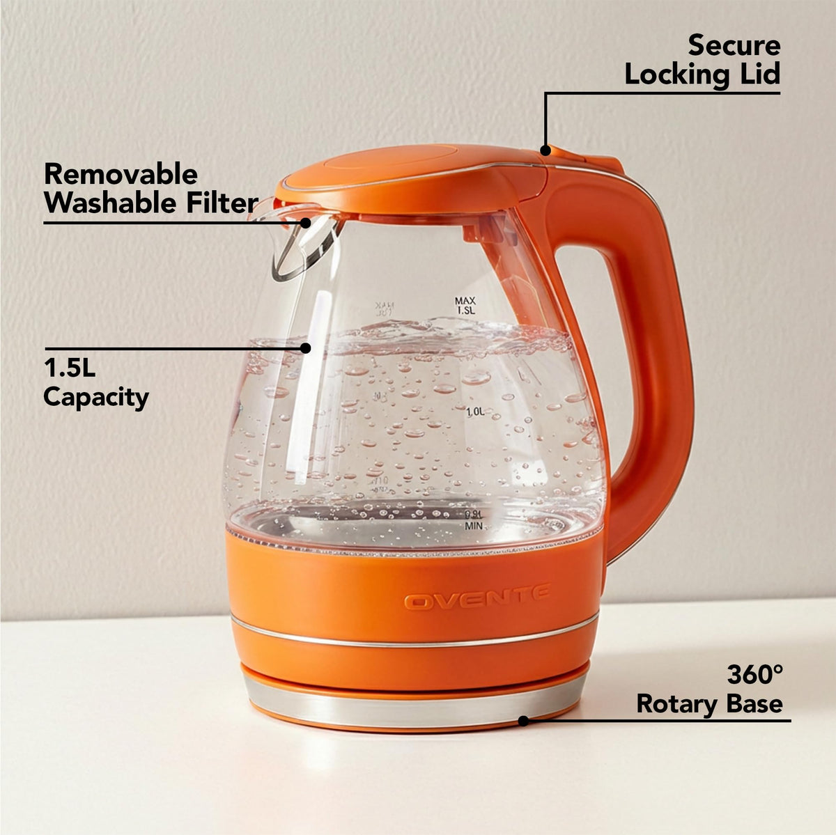 OVENTE KG83O kettle displaying auto shut-off feature for safe boiling.