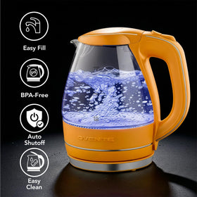 OVENTE KG83O kettle showing blue LED lights during operation for easy visibility.