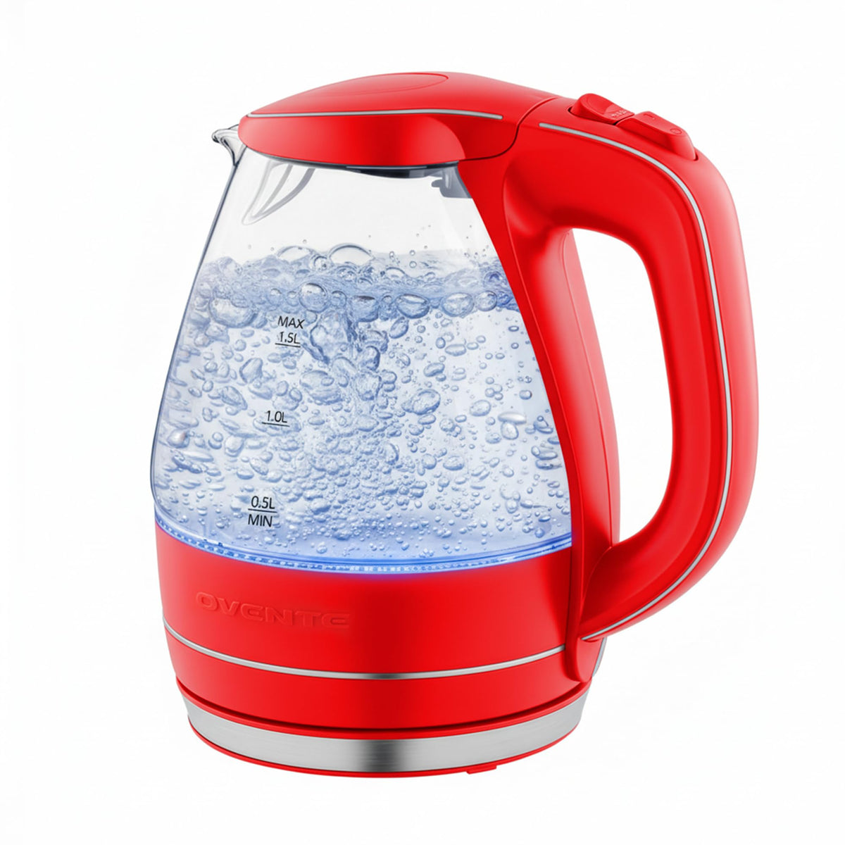 OVENTE KG83R red glass kettle with blue LED glow for fast hot water