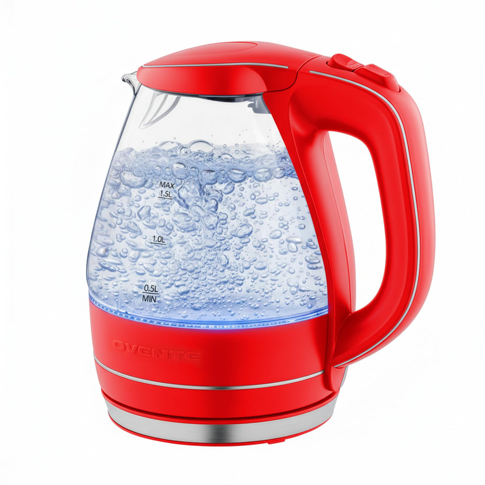 OVENTE KG83R red glass kettle with blue LED glow for fast hot water