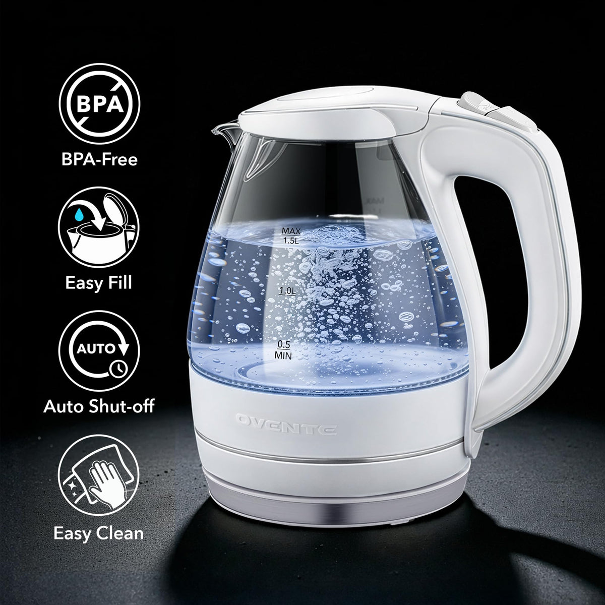 OVENTE KG83W kettle side view highlighting slim glass body for fast boiling