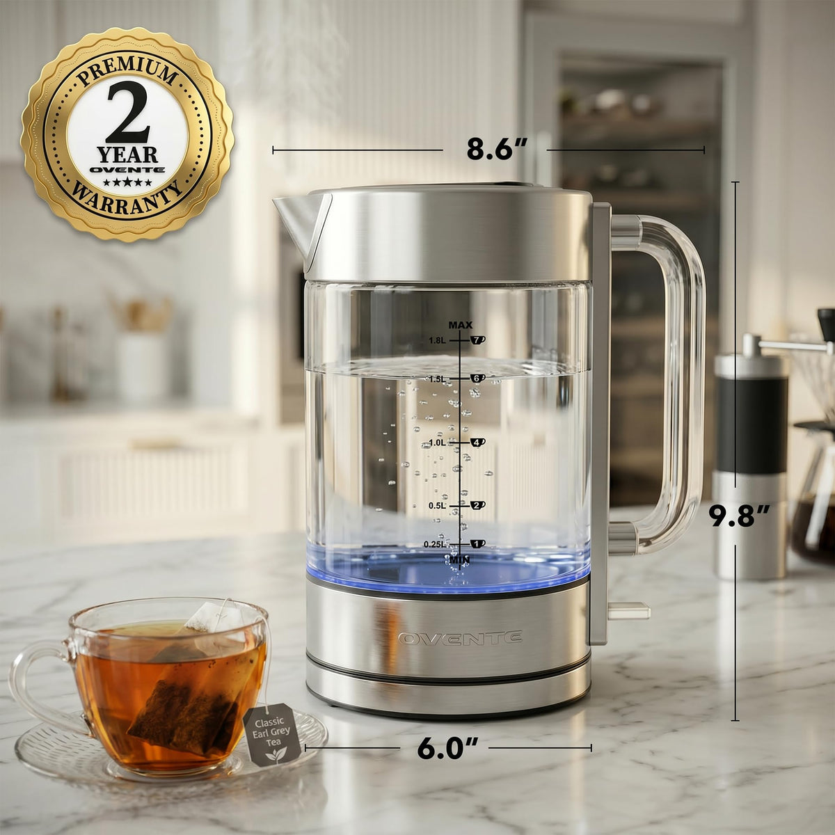 OVENTE KG911S 1.8L capacity ready for tea, coffee, meals.