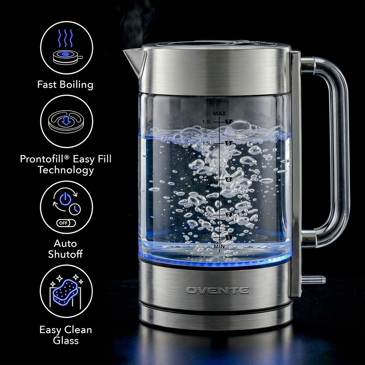 OVENTE KG911S blue LED boil indicator lights during heating.