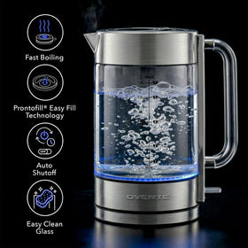 OVENTE KG911S blue LED boil indicator lights during heating.