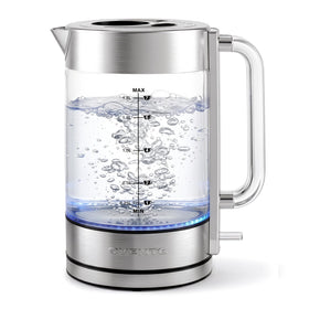 OVENTE KG911S glass kettle body with blue boil glow for modern kitchens.