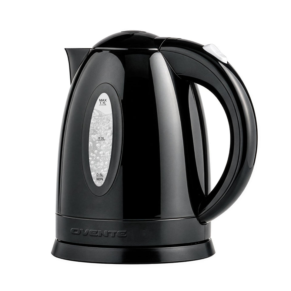 OVENTE KP72B kettle on base shows 1.7L capacity for rapid boils