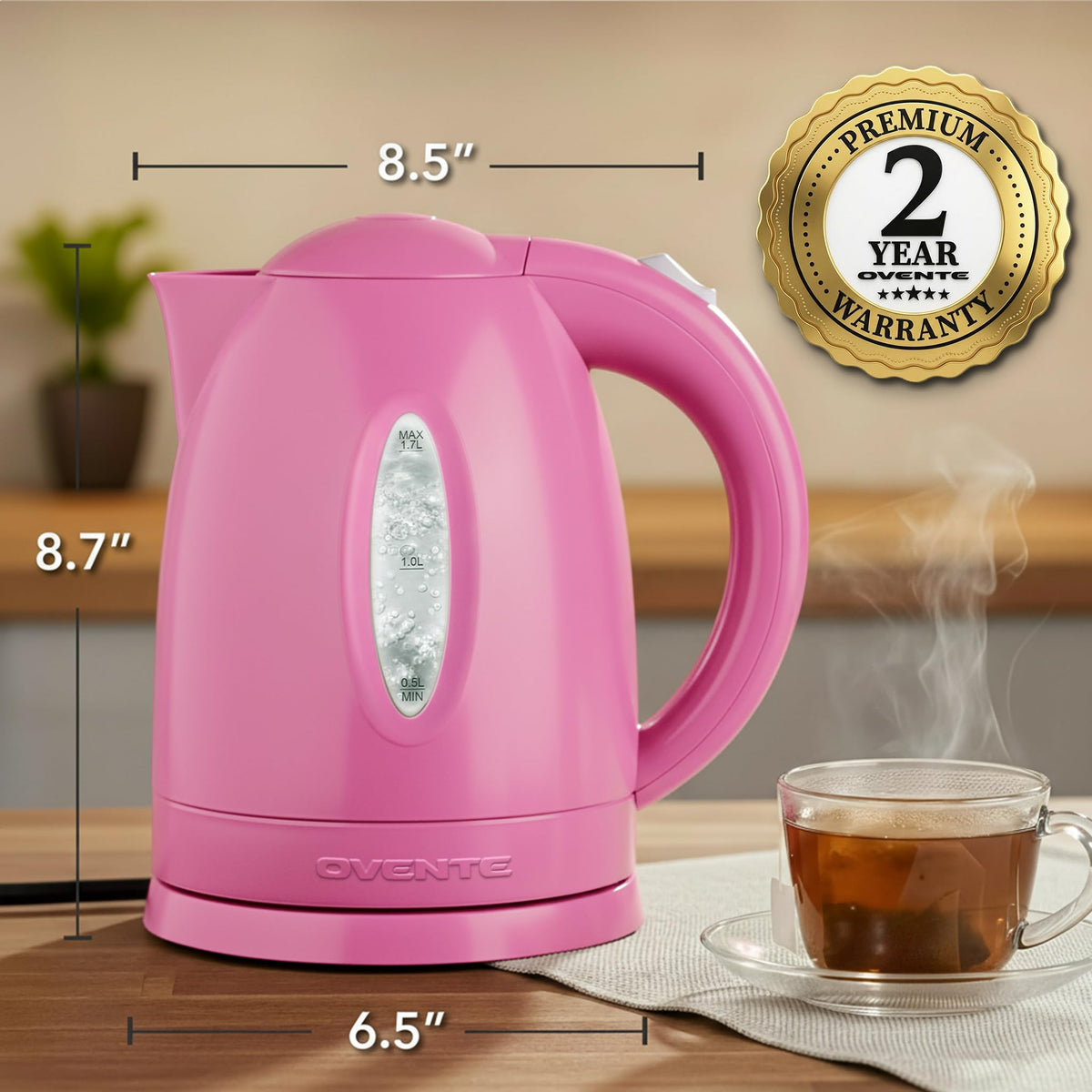 OVENTE KP72P 1.7L pink kettle with organized cord base.