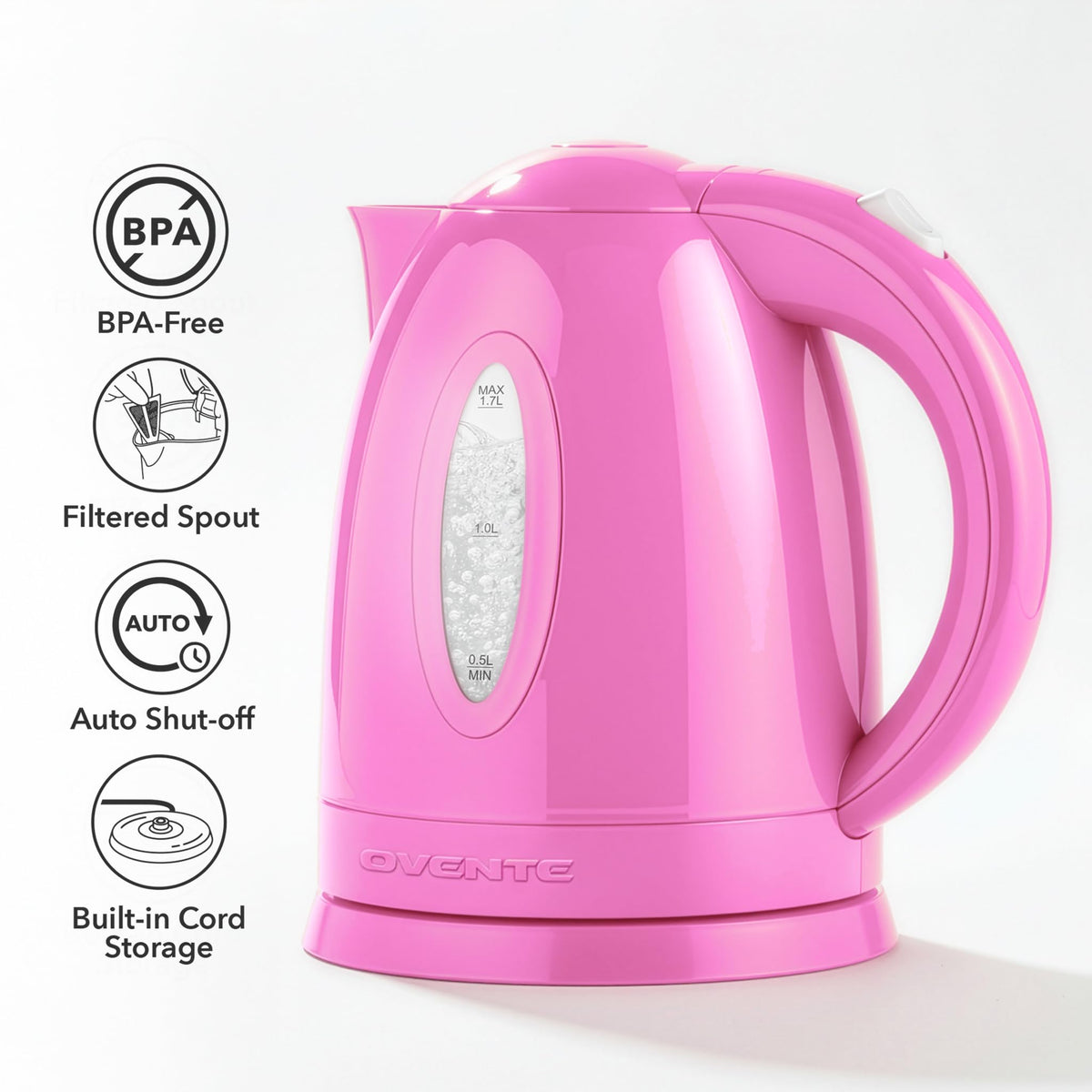 OVENTE KP72P pink kettle lid and cool-touch handle.
