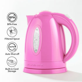 OVENTE KP72P pink kettle lid and cool-touch handle.