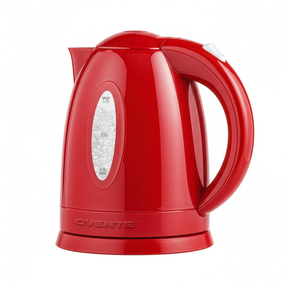 OVENTE KP72R kettle with a secure lid button for safe operation.