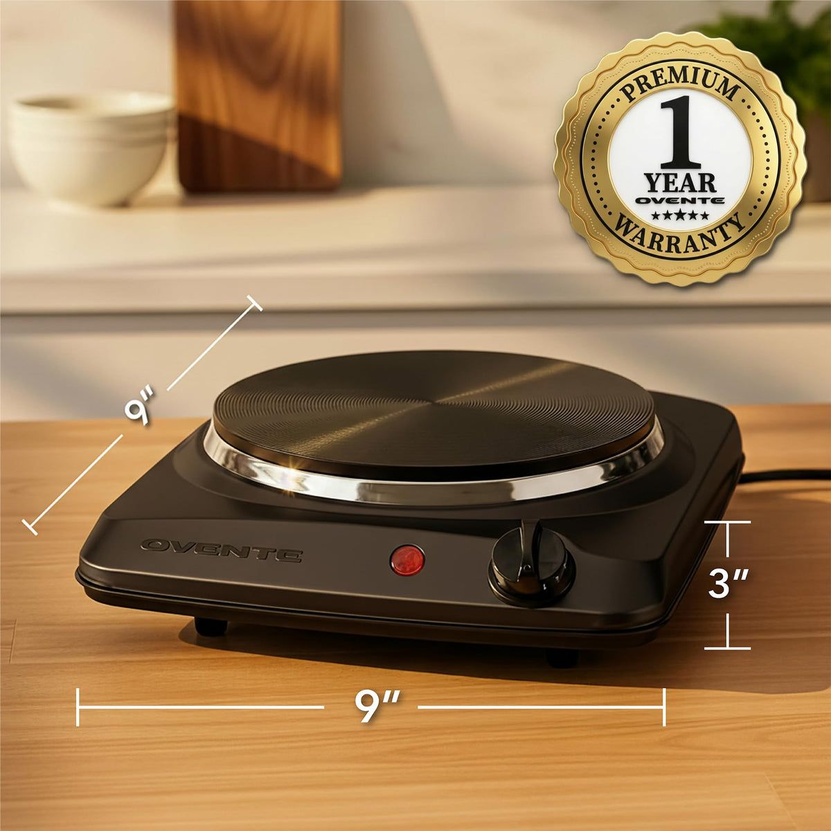 OVENTE non-slip feet stabilize the burner on the counter.
