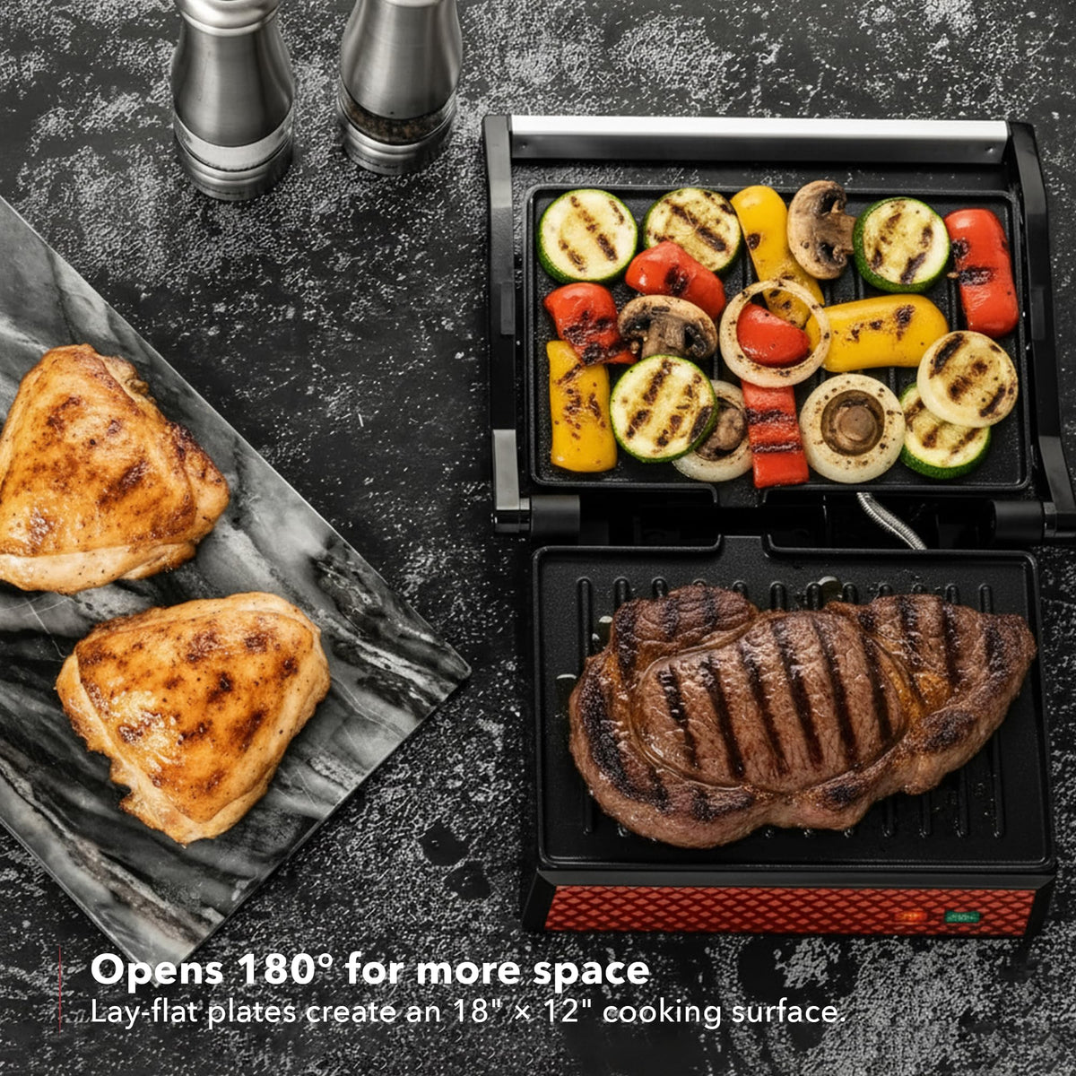 OVENTE GP0620R panini press opened to 180 degrees for versatile cooking.