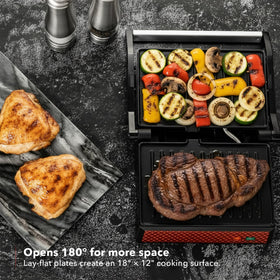 OVENTE GP0620R panini press opened to 180 degrees for versatile cooking.