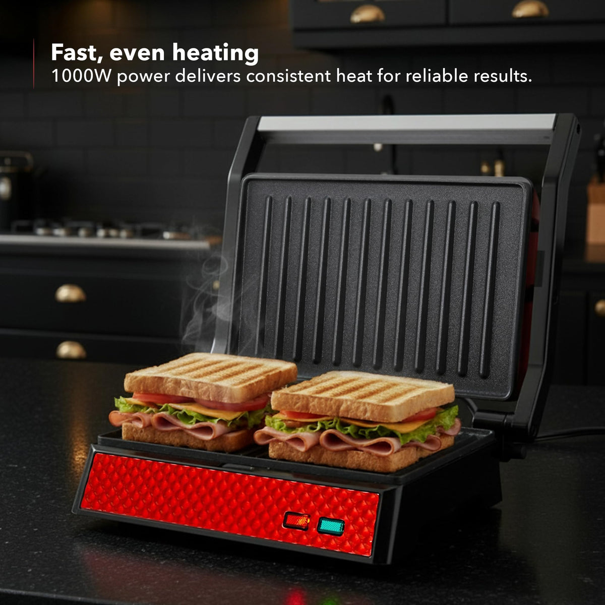 OVENTE GP0620R panini press shows cool-touch handle for safe, comfortable cooking.