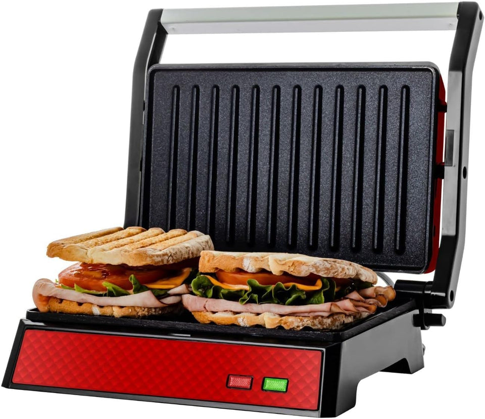 OVENTE GP0620R panini press with non-stick plates for easy release and quick cleanup.