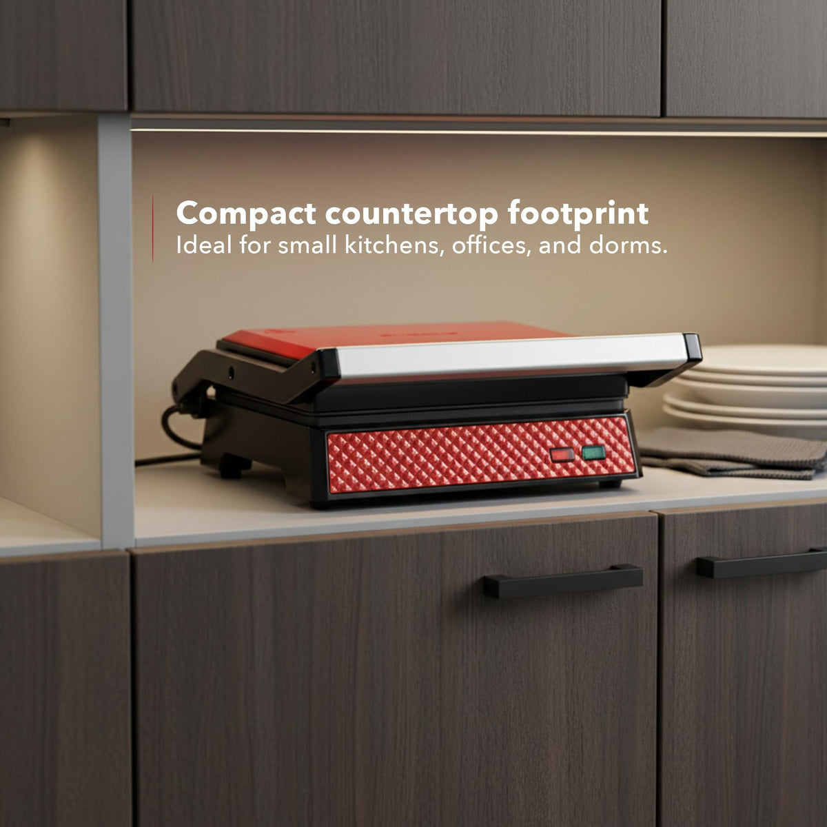 The 9x6 inch closed surface supports two sandwiches at once.