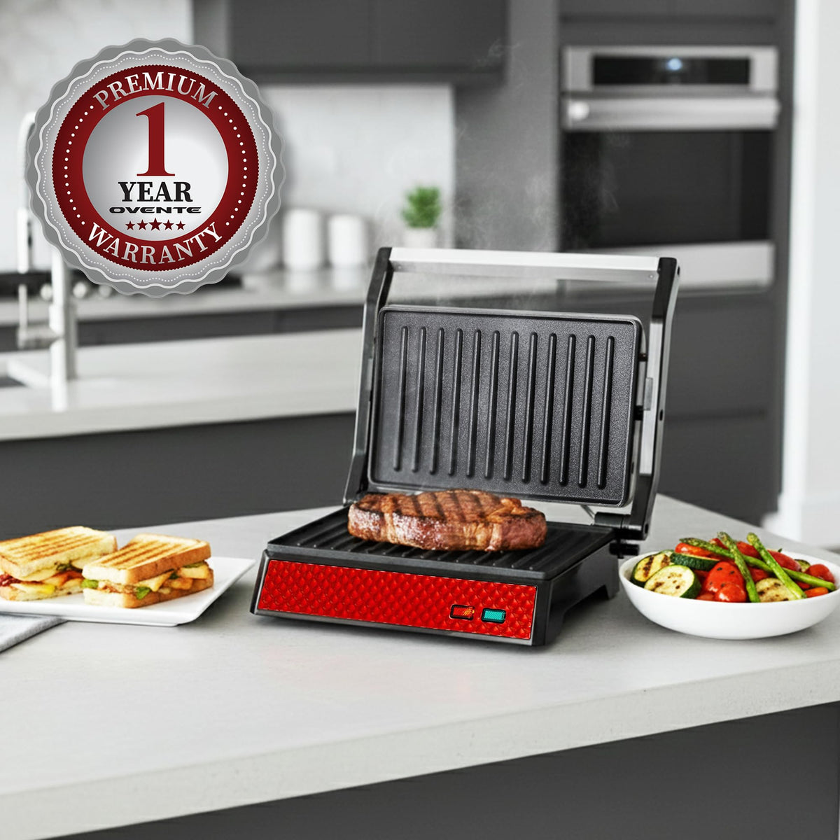 OVENTE GP0620R drip tray and easy-wipe design reduce mess after grilling.