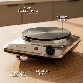 OVENTE portable burner with stainless-steel base in a small kitchen.
