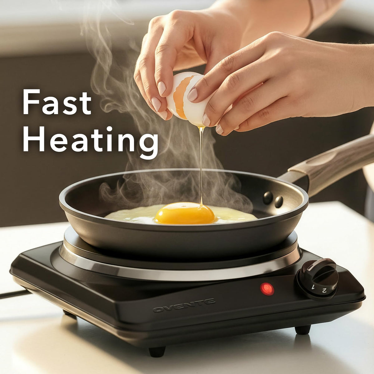 OVENTE safety indicator highlights active heating and safe use.