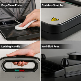 OVENTE sandwich maker cool-touch handle for safe, comfortable gripping