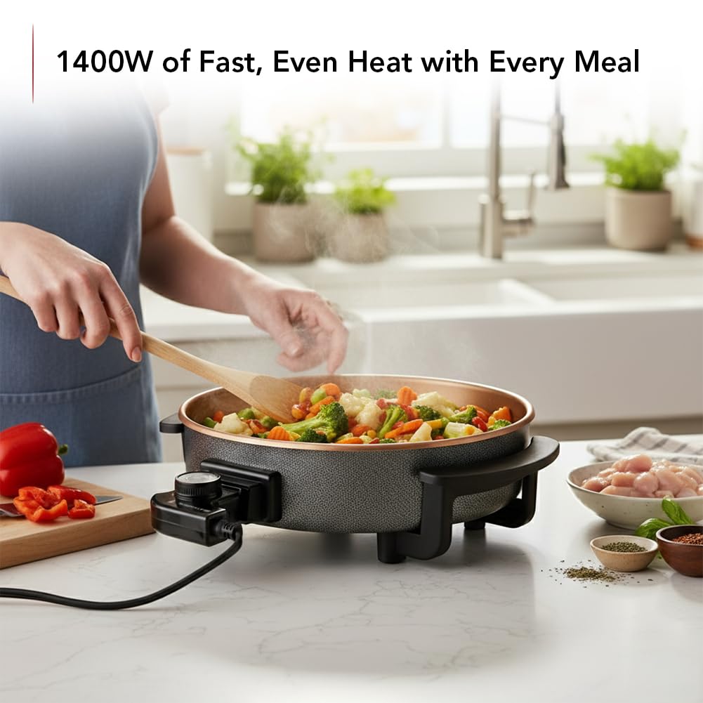 OVENTE skillet with lid on highlighting moisture lock and visibility