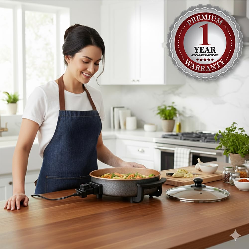 OVENTE skillet ready for family meals on a busy kitchen counter
