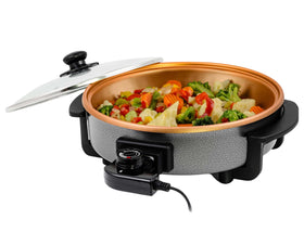 OVENTE 11.5-inch electric skillet top view with control dial for precise cooking