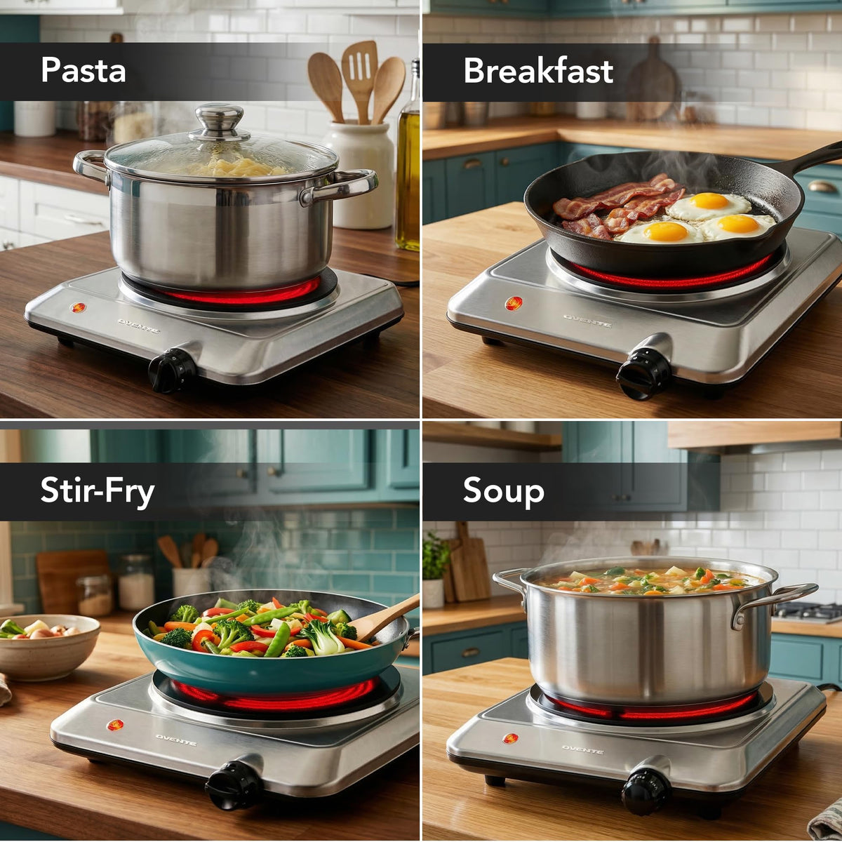 OVENTE stainless steel housing with non-slip feet; safe, steady heating.