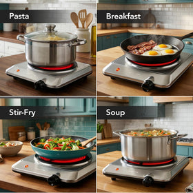 OVENTE stainless steel housing with non-slip feet; safe, steady heating.