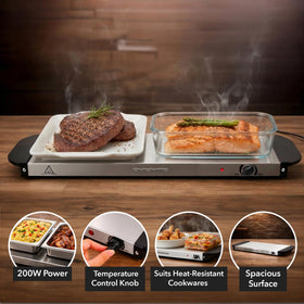 OVENTE warming tray with cool-touch handles for safe transport and serving.