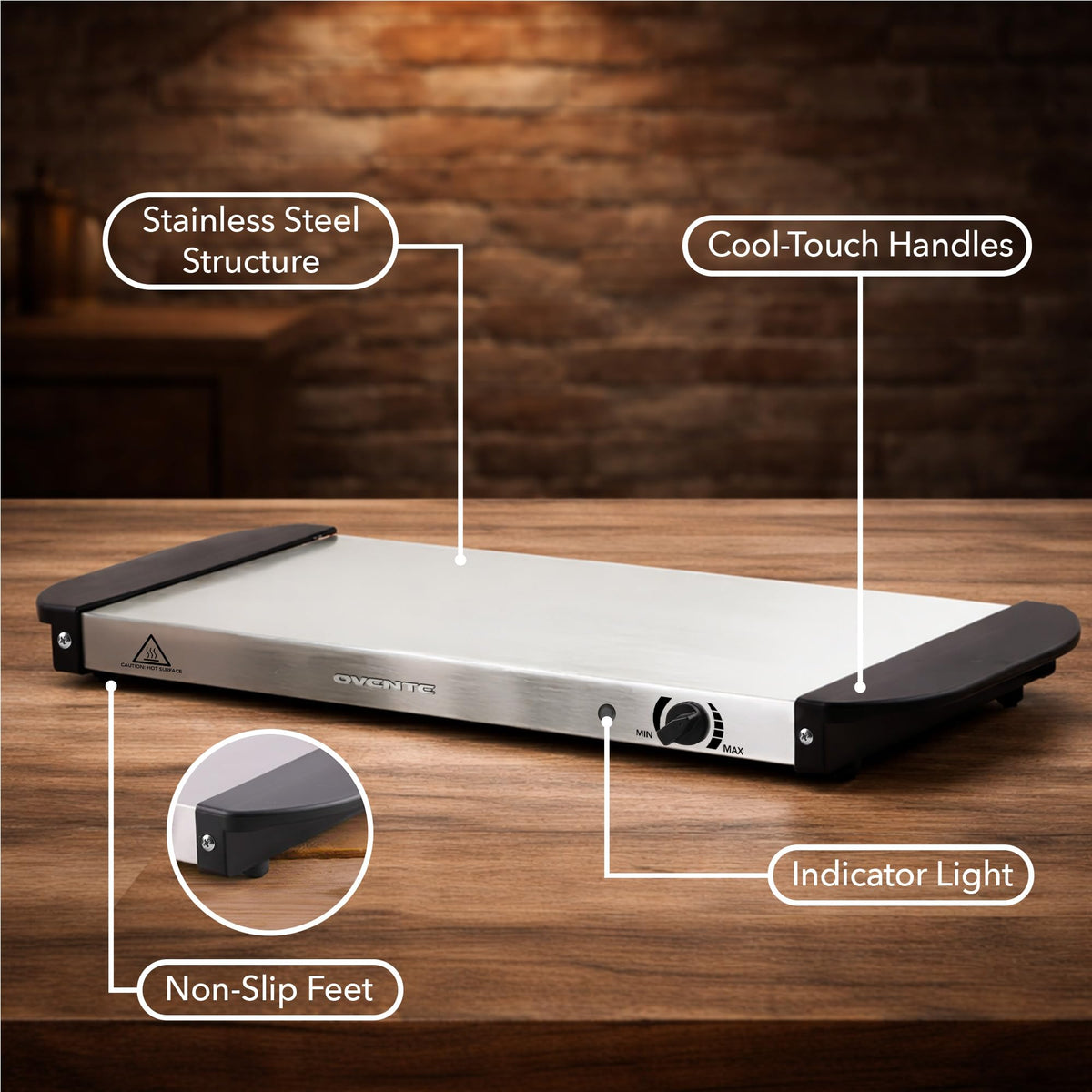 OVENTE warming tray on countertop ideal for buffets, parties, and dinners.
