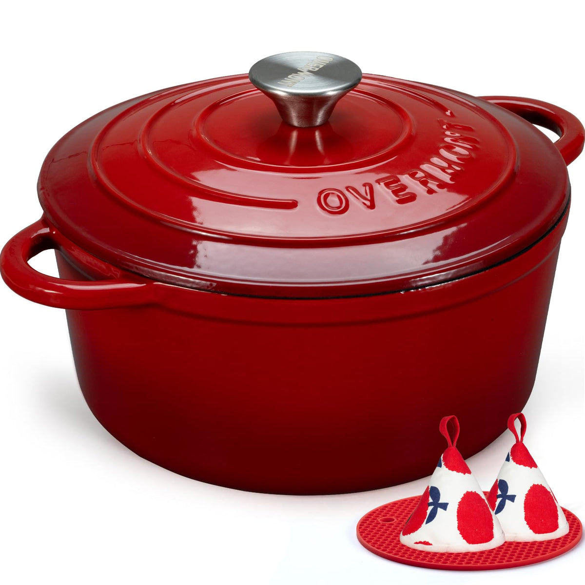 Overmont 5.5QT Dutch Oven with lid on — secure seal for moisture retention.