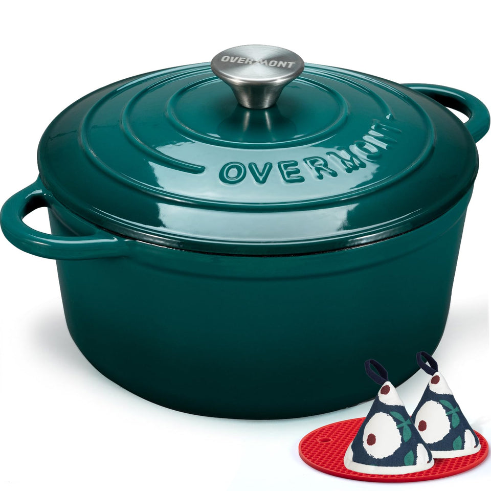 Overmont bottle-green Dutch oven front view, durable enamel for versatile cooking.
