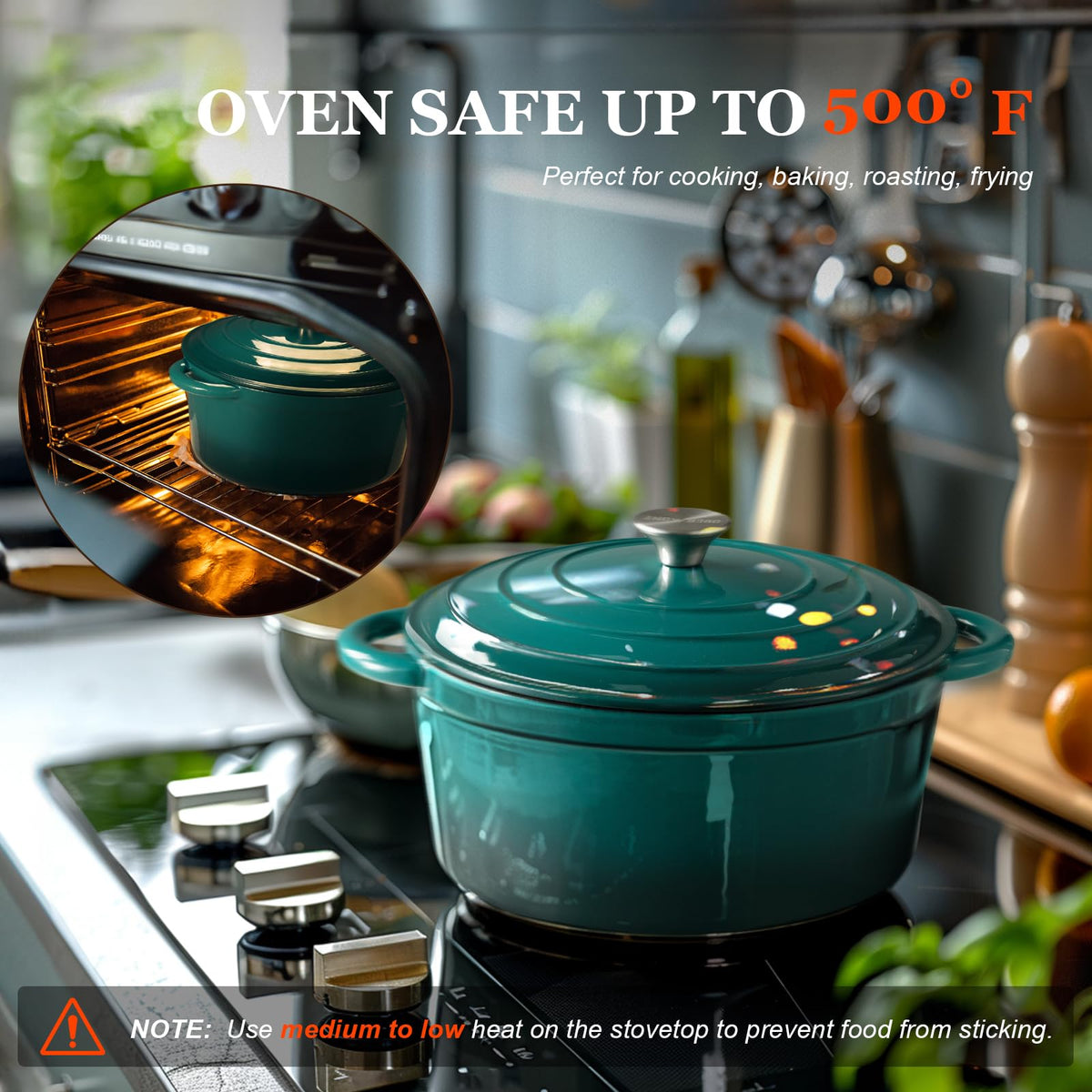 Overmont bottle-green Dutch oven browns and roasts to lock in flavors.