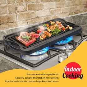 Overmont griddle on gas stovetop delivering even heat for fast cooking
