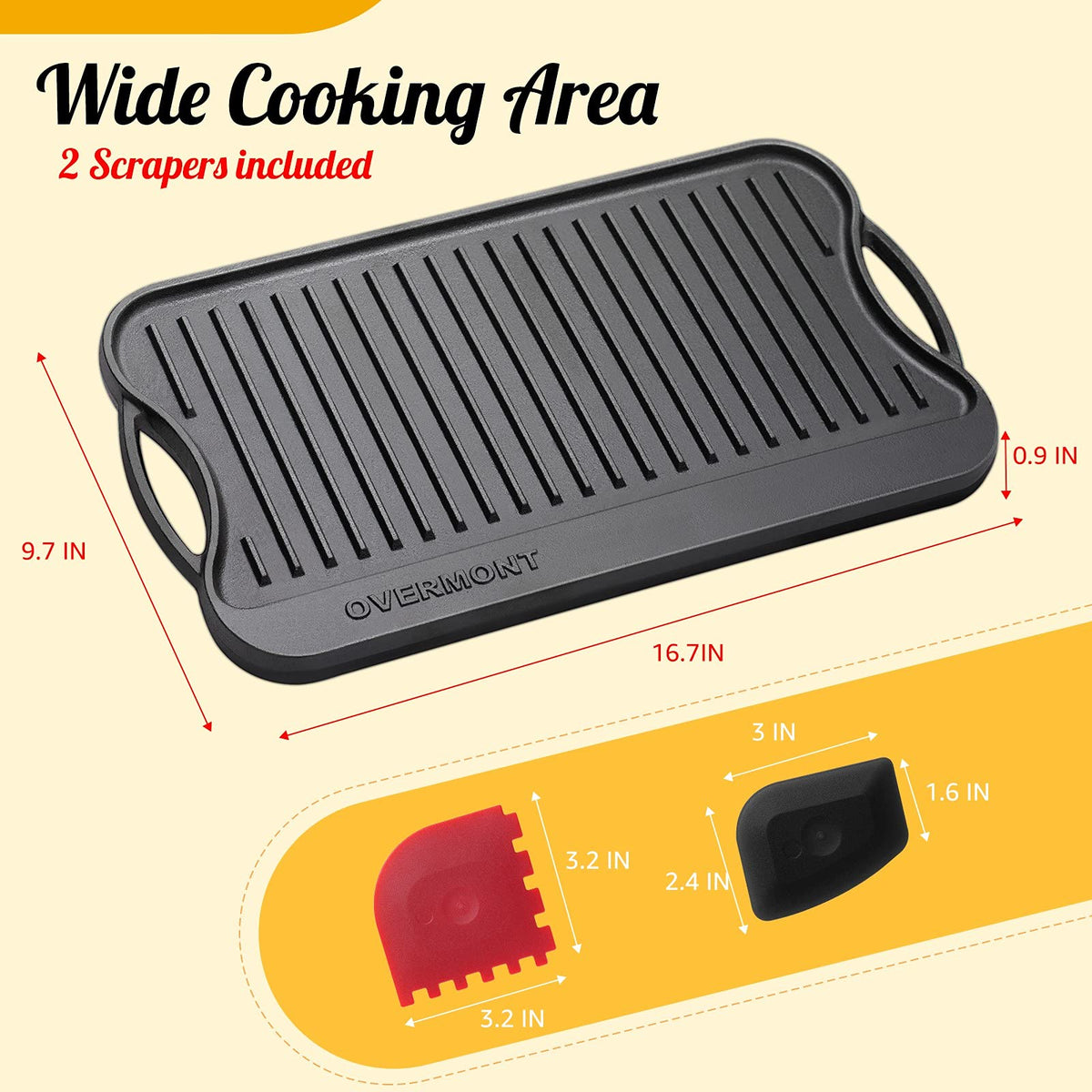 Overmont scrapers in use to clean stuck-on food after cooking