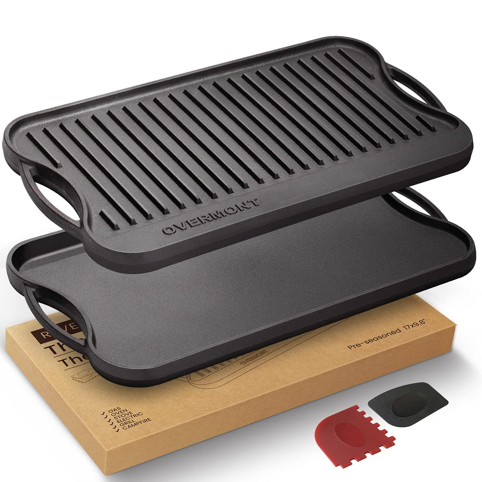 Overmont cast iron griddle top view showing large 17x9.8 inch surface for family meals