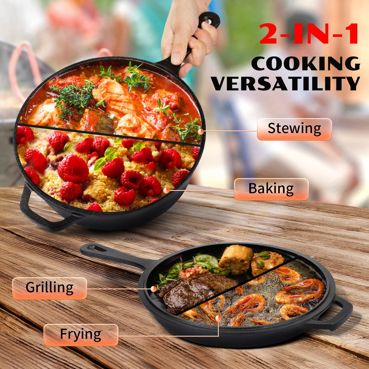 Overmont cast iron lid flip as skillet demonstrates space saving versatility