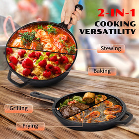 Overmont cast iron lid flip as skillet demonstrates space saving versatility