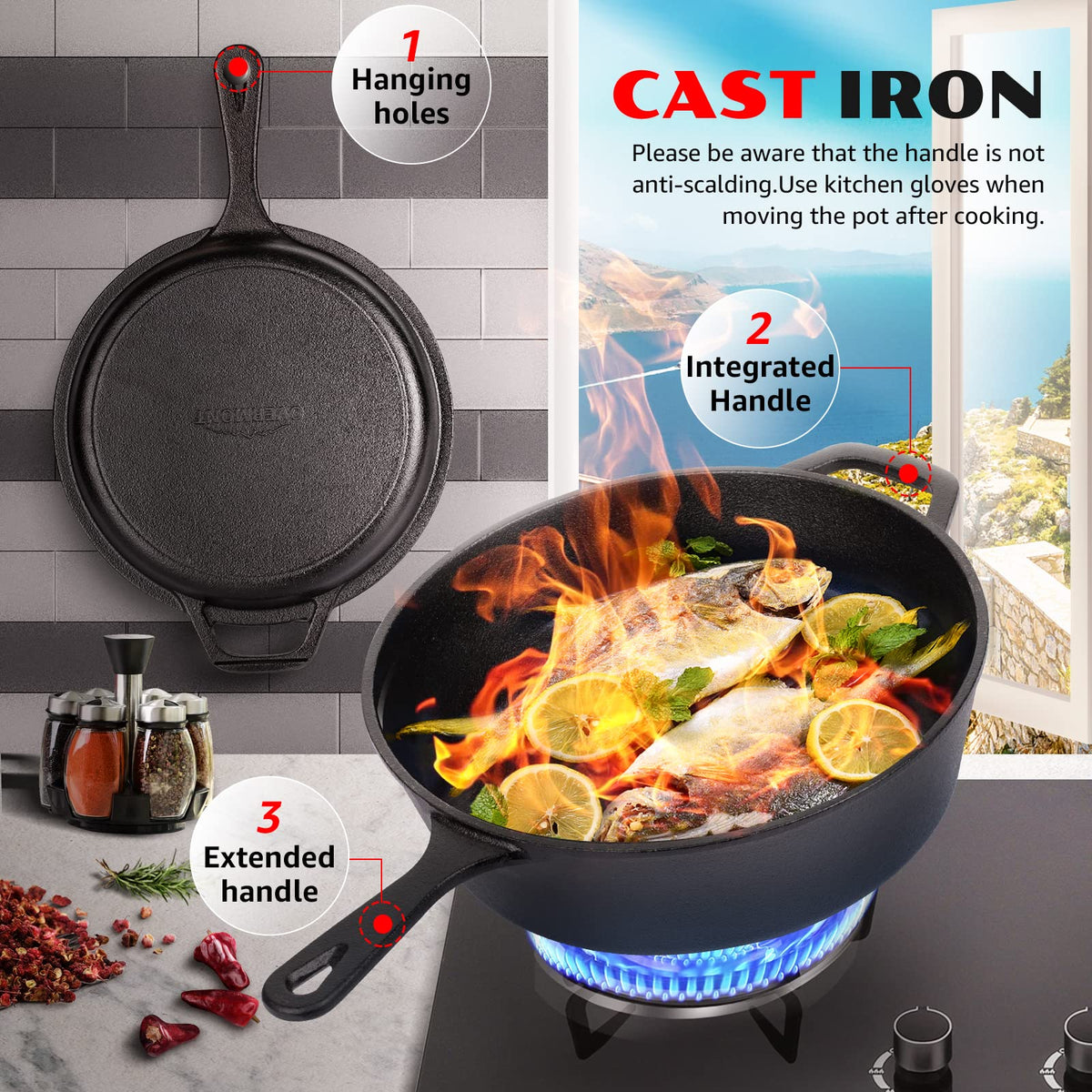 Overmont pre season coated cast iron for durable searing and cooking