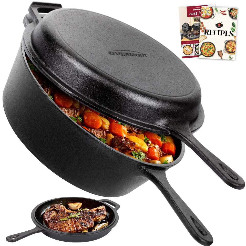 Overmont cast iron skillet with lid shows 2-in-1 versatility for stove or camp cooking